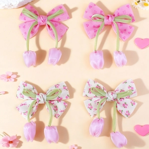 4-piece girls' bow hair clip set with red heart prints and pink tulip dangles