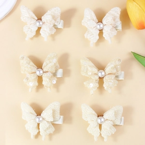 Barrettes à Cheveux Papillon en Dentelle Avec Künstliche Perle Fantaisie Blanc Crème Style Princesse Doux Pour Enfants Filles Accessoires Cheveux