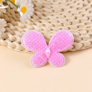 Pink glitter butterfly patch with rhinestone and lace edges for DIY craft decor