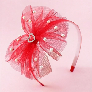 Süßes Rotes Tüll-Schleifen-Haarband Für Kinder Mit Künstliche Perle Herz Strass Prinzessin Haarband Handgefertigte Haaccessoires