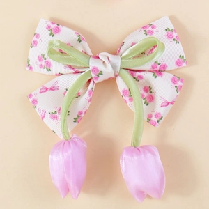 Floral bow hair clip with pink rose print and lavender tulip fabric charms for girls