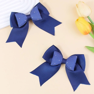 Navy blue glitter double layer bow hair clips set with navy and light blue ribbons