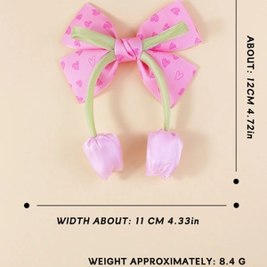 Pink heart print bow hair clip with satin tulip charms and product dimensions