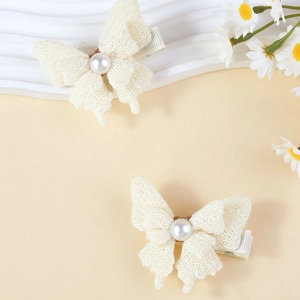 Barrettes papillon en dentelle avec perles pour filles, style princesse blanc crème