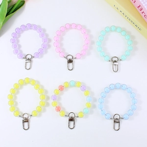 Acrylic Jelly Color Beaded Keychain Lanyard Sweet Macaron Transparent Round Beads Bag Charm Key Ring Accessory For Women