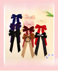 Set of multi-colored long tail ribbon bow hair clips and elastic hair ties for girls