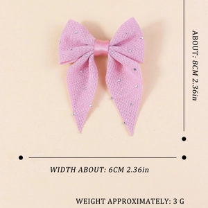 Elegant pink woven bow hair clip with silver rhinestones and size dimensions