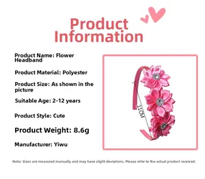 Spécifications de taille pour serre-tête rose à fleurs fait main pour filles de 2 à 12 ans