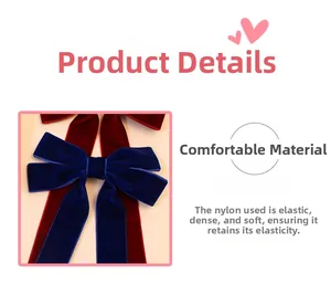 Detailed view of dark blue and burgundy velvet hair bows with high elastic nylon bands