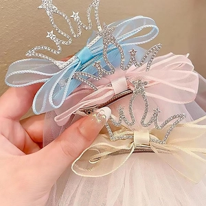 Barrette à Cheveux Voile Couronne Princesse Nœud Papillon Tulle Strass Accessoire pour Anniversaire Mariage Fête Filles