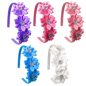 Serre-Tête Fleurs en Satin Fait Main pour Enfants Accessoires de Cheveux en Polyester Avec Strass pour Filles Fête Quotidien
