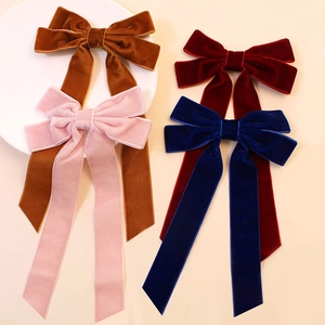 Set of four long velvet ribbon hair bows in brown, pink, burgundy and navy blue