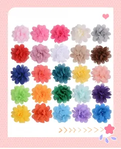 Detail view of 25 colorful double-layered chiffon bubble flower hair accessories in a grid