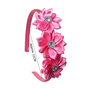 Serre-tête fleur rose fait main pour filles avec ruban satin et strass brillants 11CM