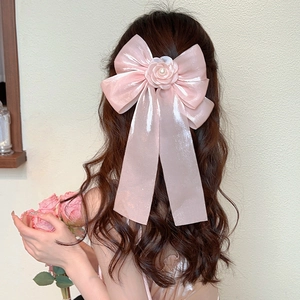 Large Bow Hair Clip Camellia Flower Faux Artificial Pearl Ribbon Spring Clip Elegant Hair Accessories For Women Wedding Daily