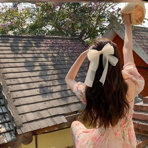 Grande pince à cheveux nœud en organza beige avec rubans multicouches sur mannequin