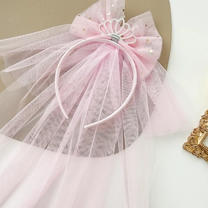 Pink princess headband with crown, mesh veil and gold star sequins for girls party