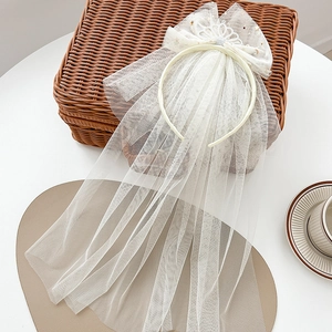 Elegant white mesh veil headband with crown and gold stars for girls princess style