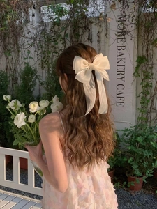 Barrette à cheveux élégante avec grand nœud crème et longs rubans en organza soyeux
