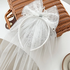 White tulle bow headband for girls with silver stars and mini crown for princess party