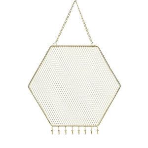 Golden hexagonal metal mesh wall jewelry organizer with eight hooks and hanging chain