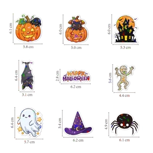 Laser Halloween sticker set including pumpkin, ghost, and bat designs with dimensions