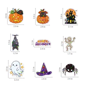 Detailed size chart for Halloween stickers showing 3x3 layout with precise dimensions in inches