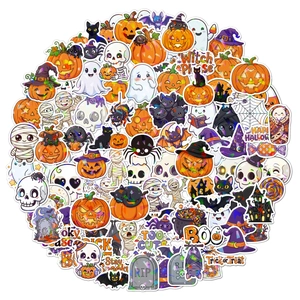 Detailed close-up of colorful Halloween PVC stickers featuring ghosts, pumpkins and skulls