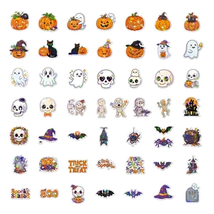 Macro view of 50pcs cartoon Halloween stickers featuring pumpkins, ghosts and spooky motifs