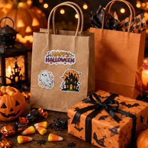 Detail of Halloween gift set with spooky stickers, pumpkin orange box and bat print bags