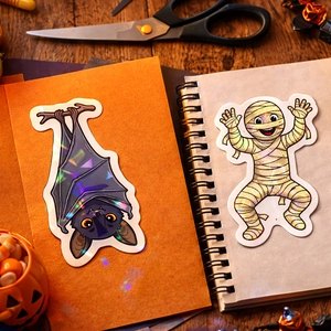 Macro shot of laser holographic Halloween stickers featuring bats and mummies on a notebook
