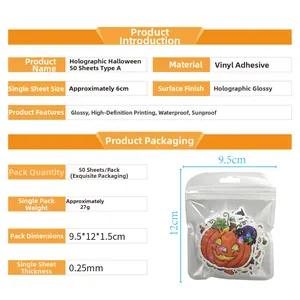 Holographic Halloween vinyl stickers specifications with waterproof and UV protection details