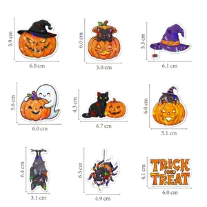 Holographic Halloween stickers featuring ghost, pumpkin, and black cat designs with dimensions