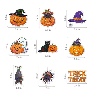 Detailed view of 9 holographic Halloween stickers with varied designs and size measurements