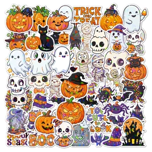 Detailed macro view of laser holographic Halloween stickers with pumpkins and ghosts