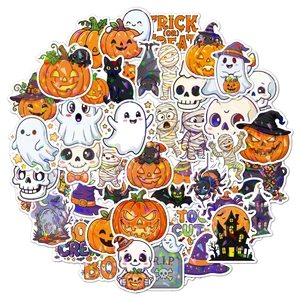 Detailed holographic Halloween stickers featuring cartoon pumpkin, ghost and bat motifs