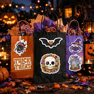 Halloween stickers on gift bags with cartoon spiders, bats, and skulls party decor