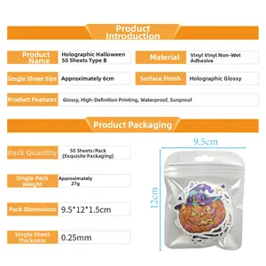 Holographic vinyl Halloween stickers set of 50 showing product dimensions and specifications