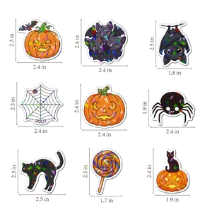 Detailed view of holographic Halloween stickers with dimensions for various spooky designs