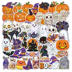 Macro shot of laser holographic Halloween stickers featuring pumpkin and ghost designs