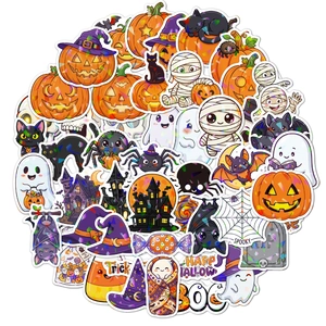 Detailed view of holographic Halloween stickers featuring pumpkins, ghosts, and black cats