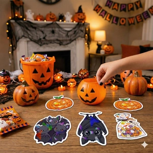 Macro detail of laser holographic Halloween stickers featuring pumpkins and cute bats