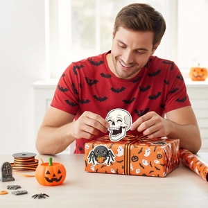 Close-up of Halloween skull and spider stickers decorating a gift box for festive party