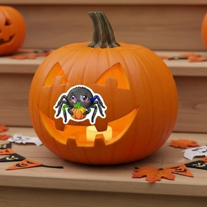Detail of cute spider sticker with pumpkin on a glowing lantern for Halloween decor