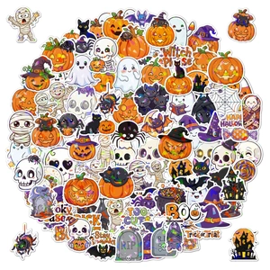 Holographic Halloween sticker set with pumpkin, ghost, and bat designs for festive party decor