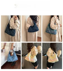 Detail showing various colors of denim star tote bags worn by model in different settings