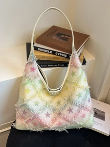 Denim tote bag with pastel star print and fringe detail, large capacity hobo style