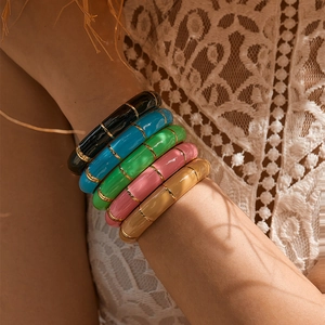 Bohemian colorful enamel bamboo style bracelets set with gold metal rings for women