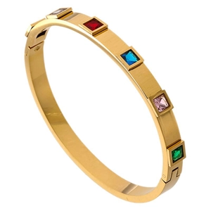 Polished gold titanium steel bangle featuring five multicolored square inlaid gemstones
