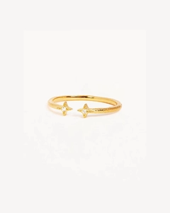 Detailed view of gold S925 sterling silver adjustable ring with sparkling star motifs